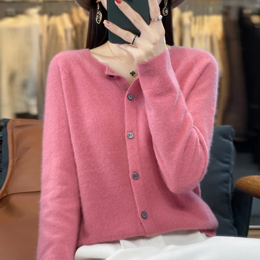 Anna merino wool cardigan women, relaxed elegant fit, premium German wool, single-button closure