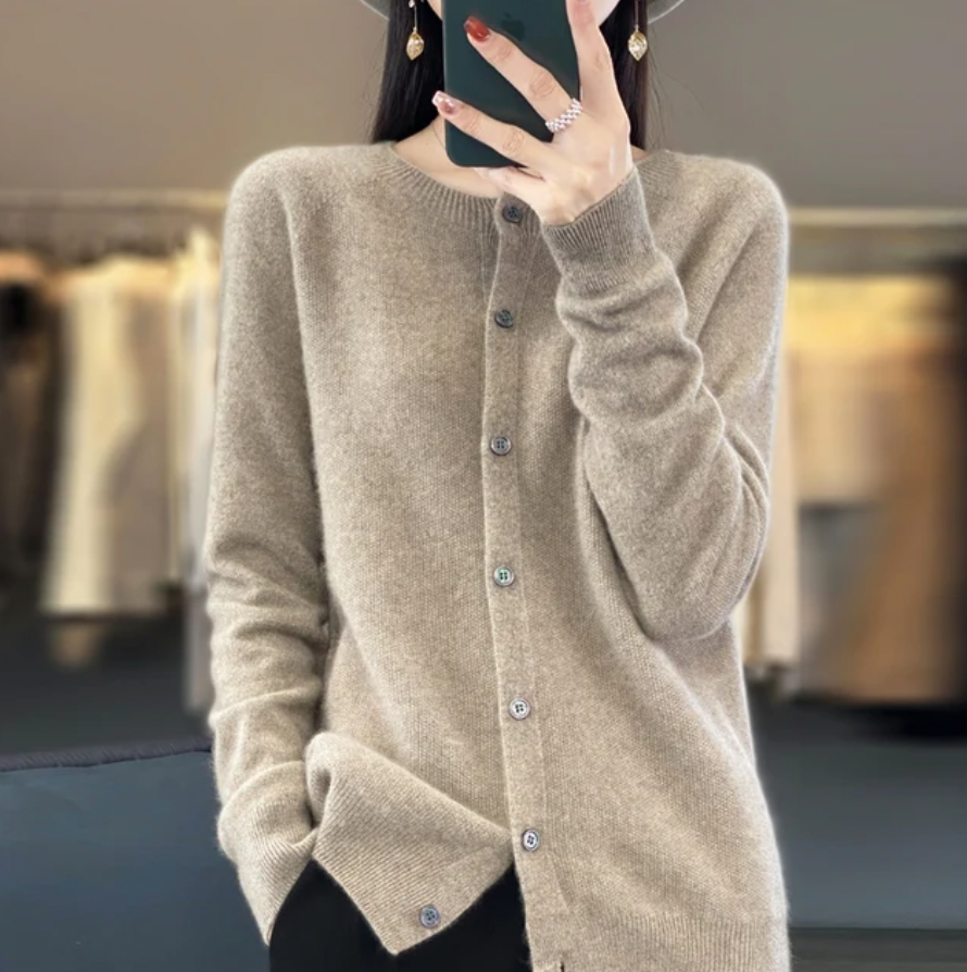 Joanna women's beige button-front relaxed fit cardigan with cozy knit texture for casual office layering