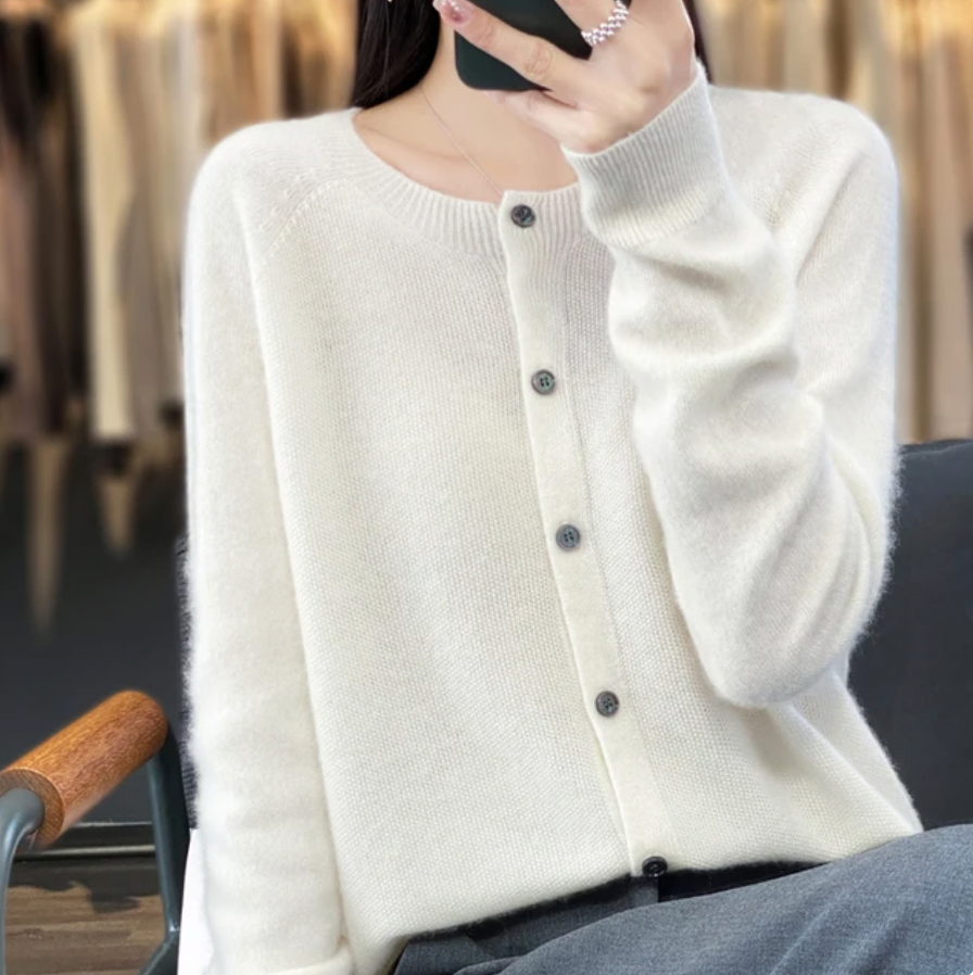 Women's classic button-front winter cardigan in neutral tone with relaxed fit and polished silhouette