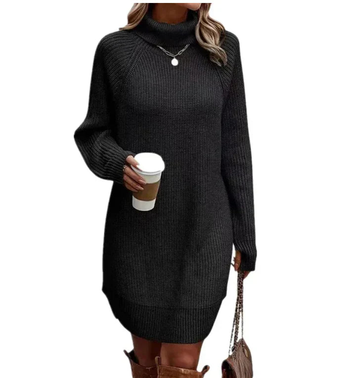 Women's winter knit turtleneck dress long sleeves relaxed silhouette cozy cold-weather style