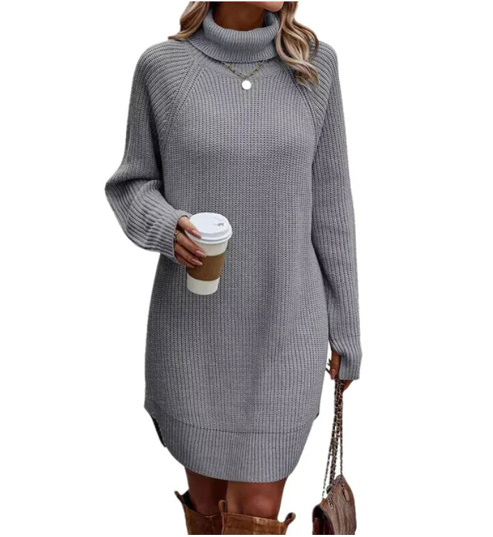 Women's winter knit turtleneck dress, long sleeves, relaxed fit, cozy cold-weather style