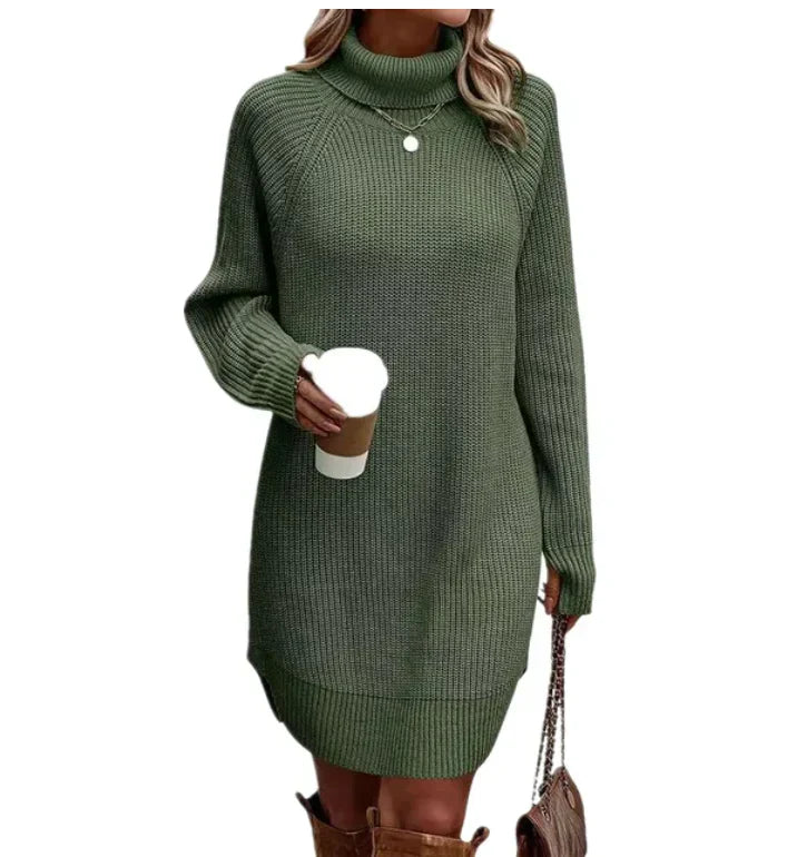 Women's winter knit turtleneck dress, long sleeves, relaxed silhouette, cozy cold-weather style