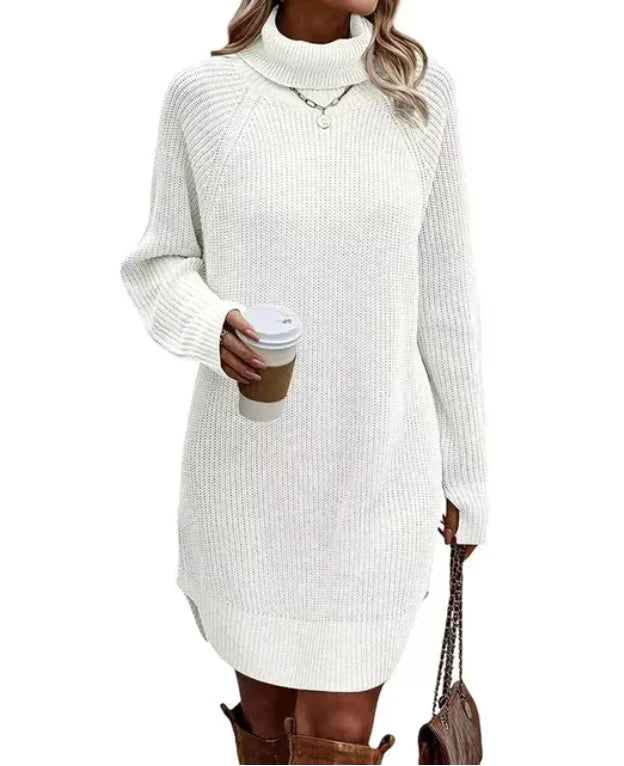 Women's winter knit turtleneck dress, long sleeves, relaxed fit, cozy cold-weather style
