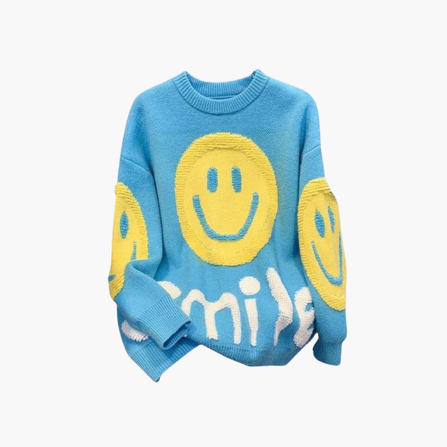 Women's oversized knit cardigan sweater in neutral tones with playful smiley face print