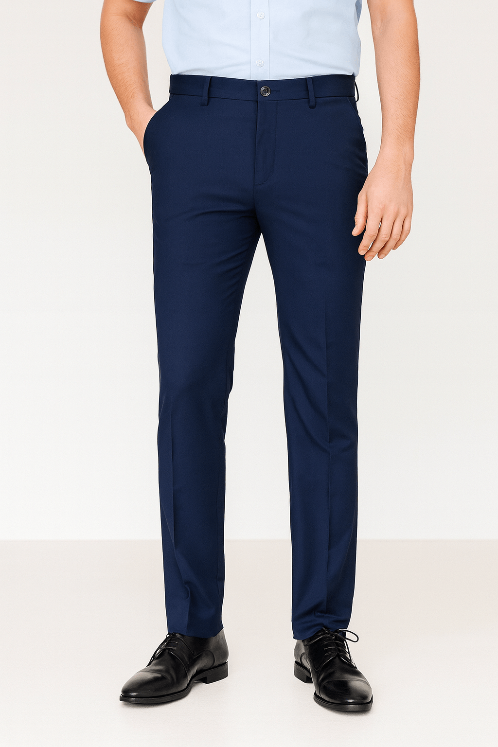 Men's slim fit black suit pants with stretch fabric and tailored office-ready silhouette
