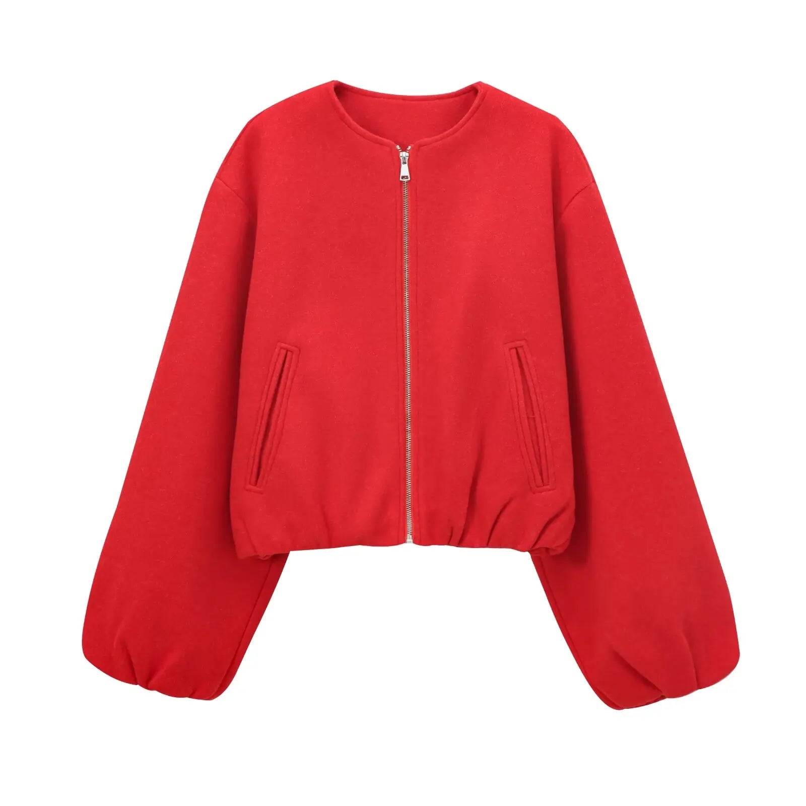 Women's black cropped bomber jacket with soft fabric, long sleeves, and front zipper closure