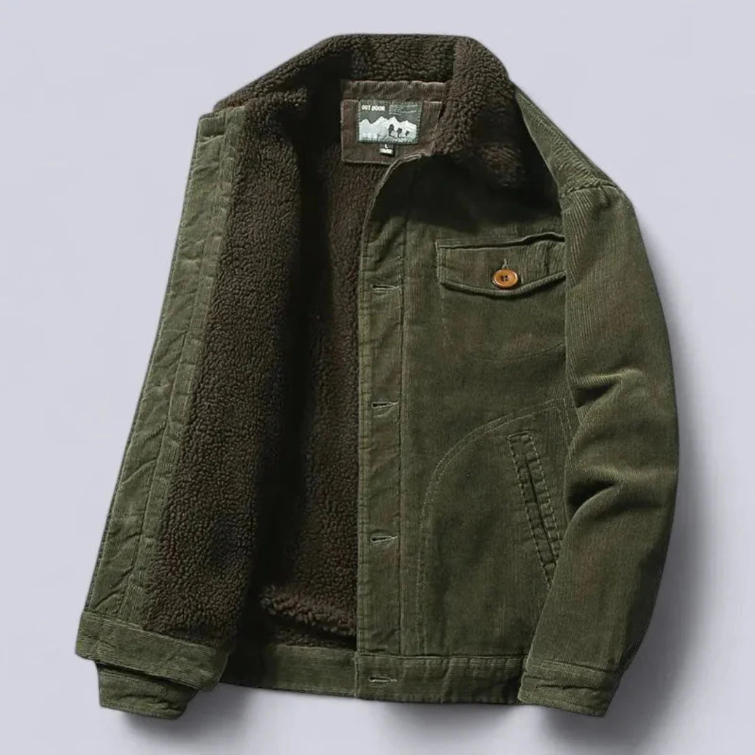 Men's corduroy overcoat with sherpa fleece lining, relaxed fit, warm earth-tone casual style