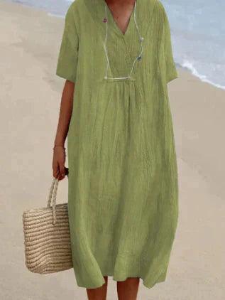 Women's light beige linen V-neck dress relaxed fit short sleeve breathable summer essential
