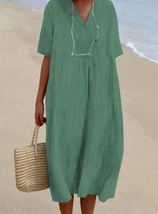 Women's linen blend V-neck dress relaxed fit short sleeve breathable lightweight summer essential