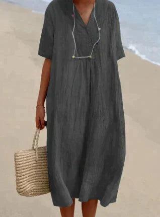 Women's light blue linen V-neck dress relaxed fit short sleeve breathable summer casual style
