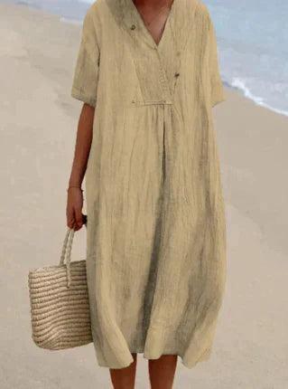 Women's linen blend V-neck dress relaxed fit short sleeve breathable lightweight summer essential