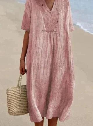 Women's linen blend V-neck dress relaxed fit short sleeve lightweight breathable summer essential