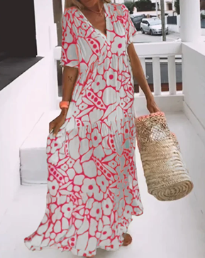 Women's printed V-neck loose dress, lightweight airy fit with flattering relaxed silhouette