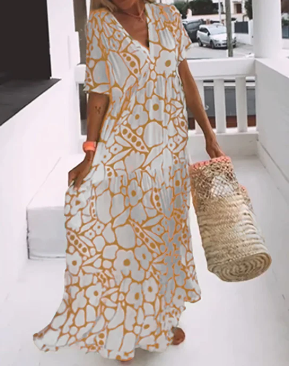 Women's printed V-neck loose dress, lightweight airy silhouette with flattering neckline for effortless style