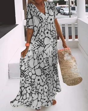 Women's printed V-neck loose dress, lightweight airy silhouette with flattering relaxed fit