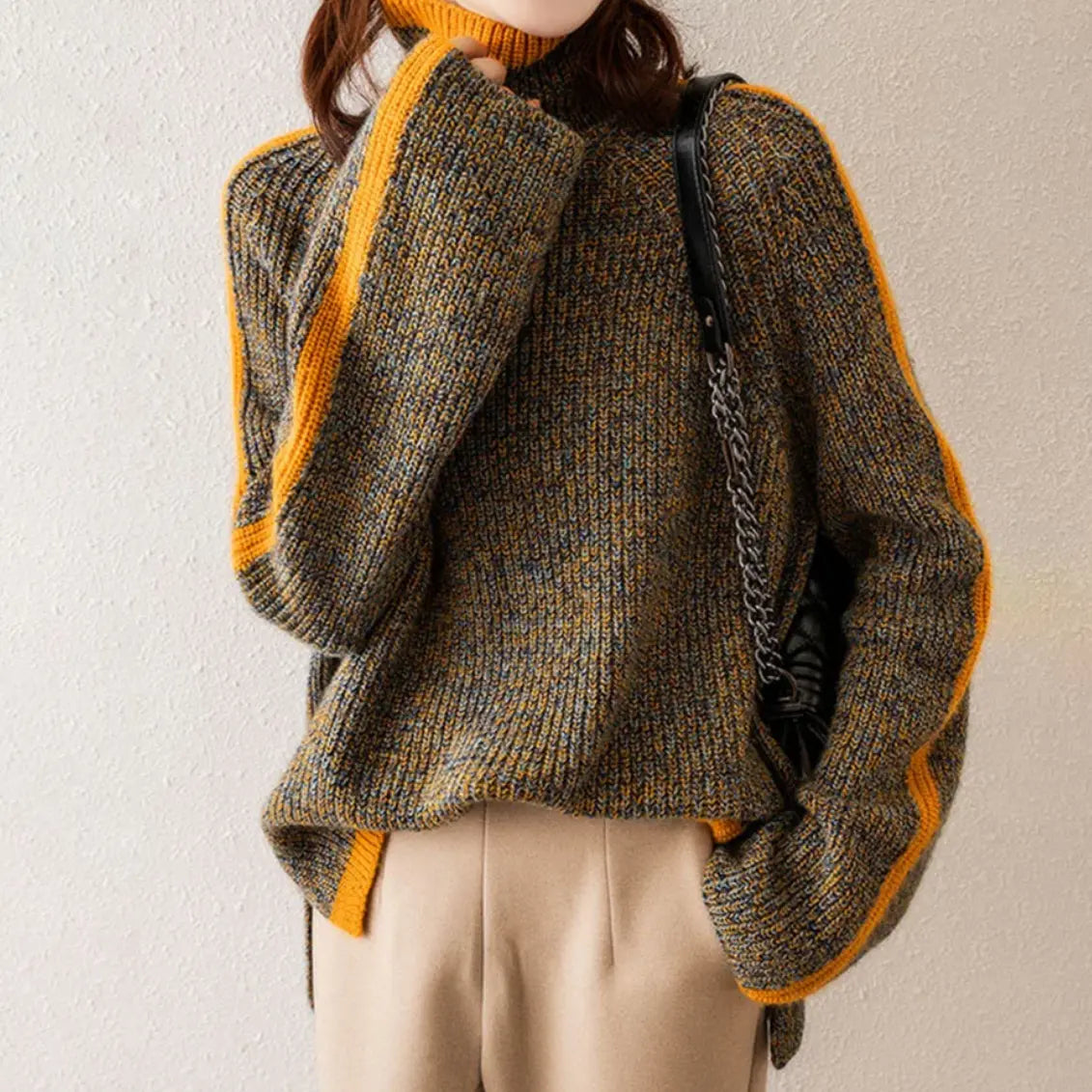 Heathered premium wool unisex turtleneck sweater, handcrafted elegant everyday comfort