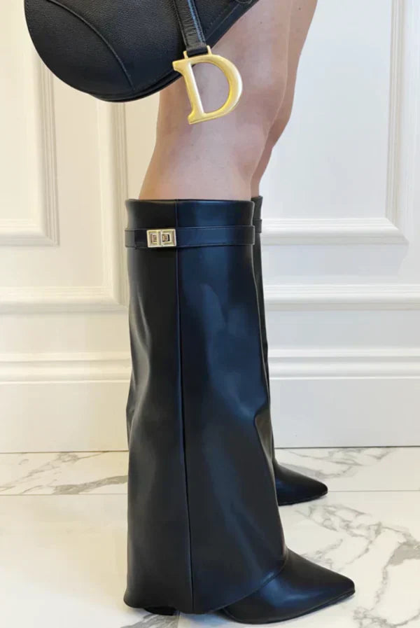 Women's brown suede knee-high boots pointed toe block heel elegant everyday style