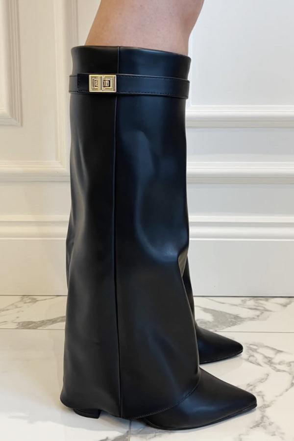 Olivia knee-high boots pointed toe flap overlay block heel textured fabric bold fashion