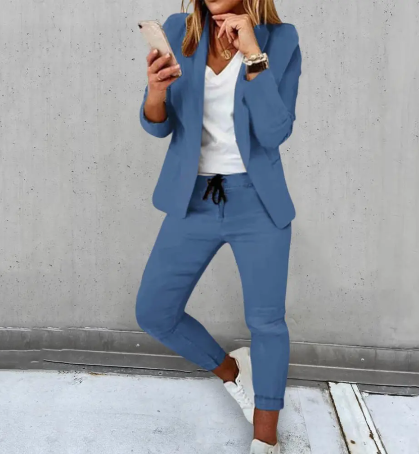 Valor women's fitted blazer set with drawstring pants, elegant office wear in premium fabric