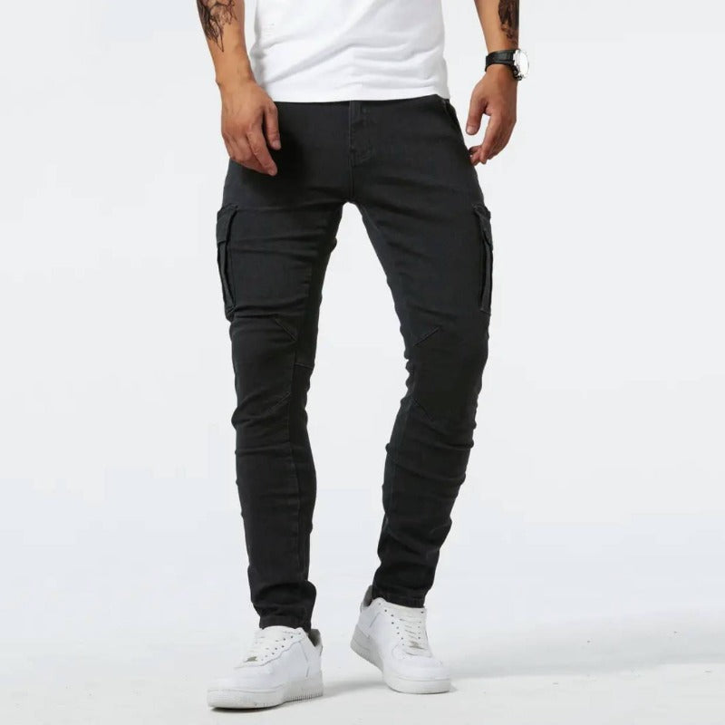 Men's blue denim cargo jeans slim fit with 4-way stretch fabric and functional cargo pockets