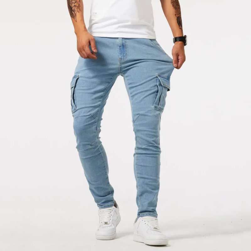 Men's blue denim cargo jeans slim fit with 4-way stretch fabric and functional cargo pockets