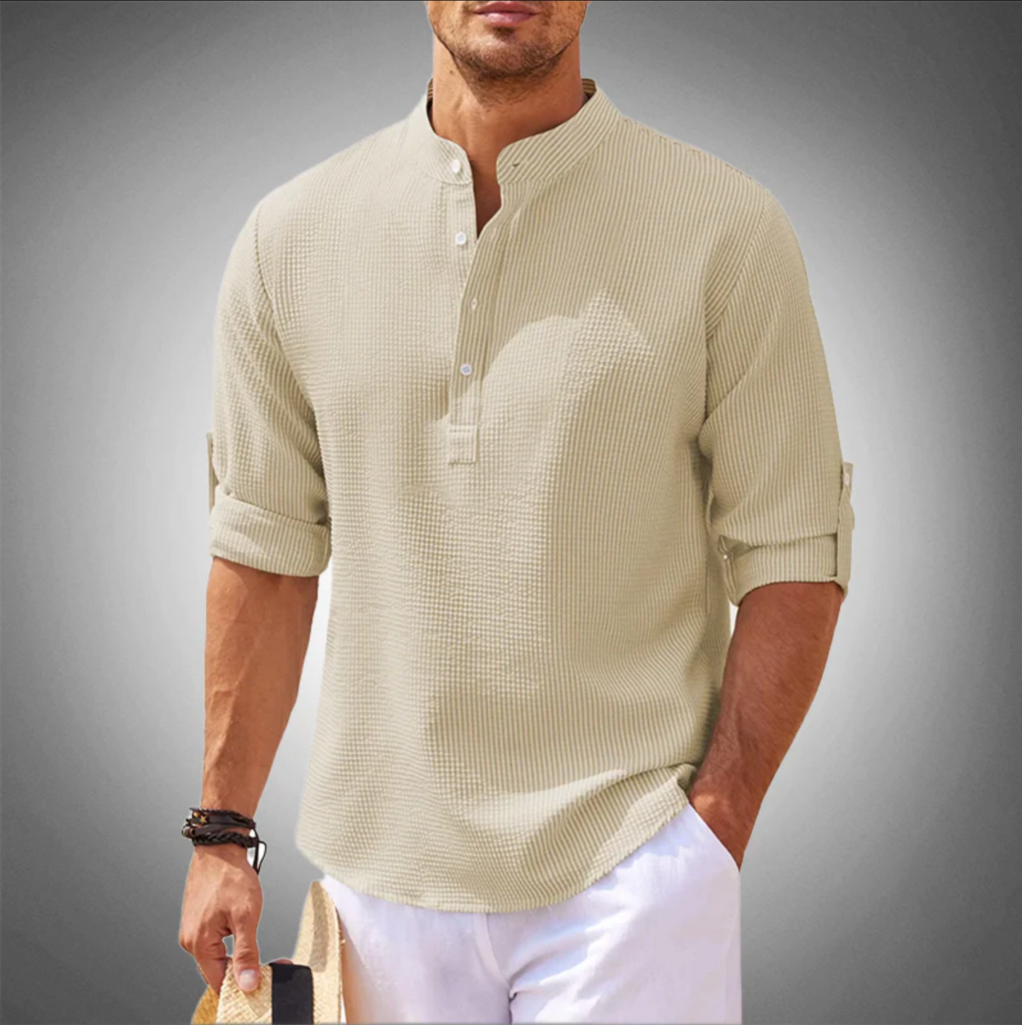 Men's relaxed fit mandarin collar shirt long sleeve casual cotton blend half button closure