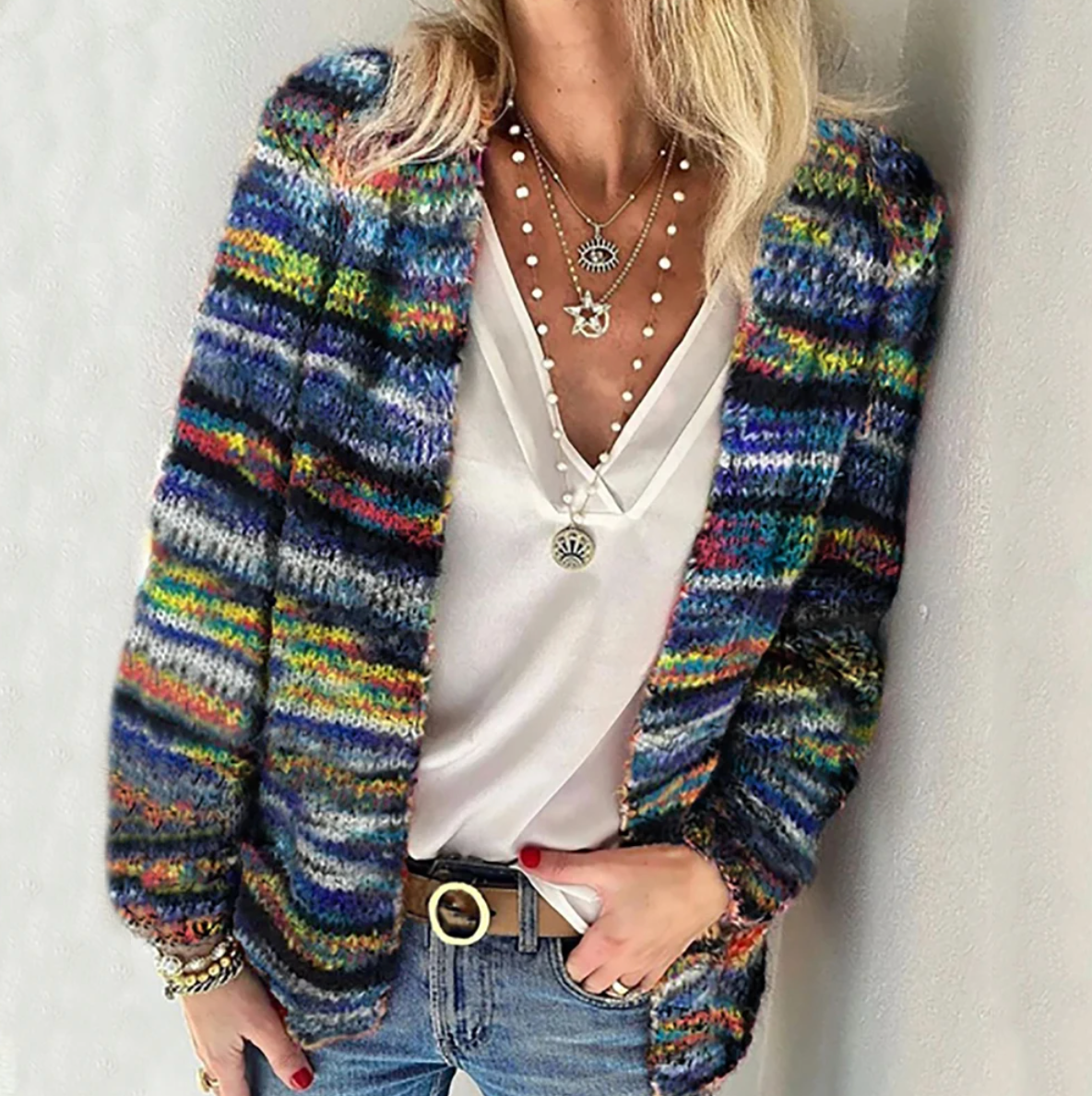 Women's multicolored cardigan breathable fabric cozy relaxed fit with vibrant pattern detail