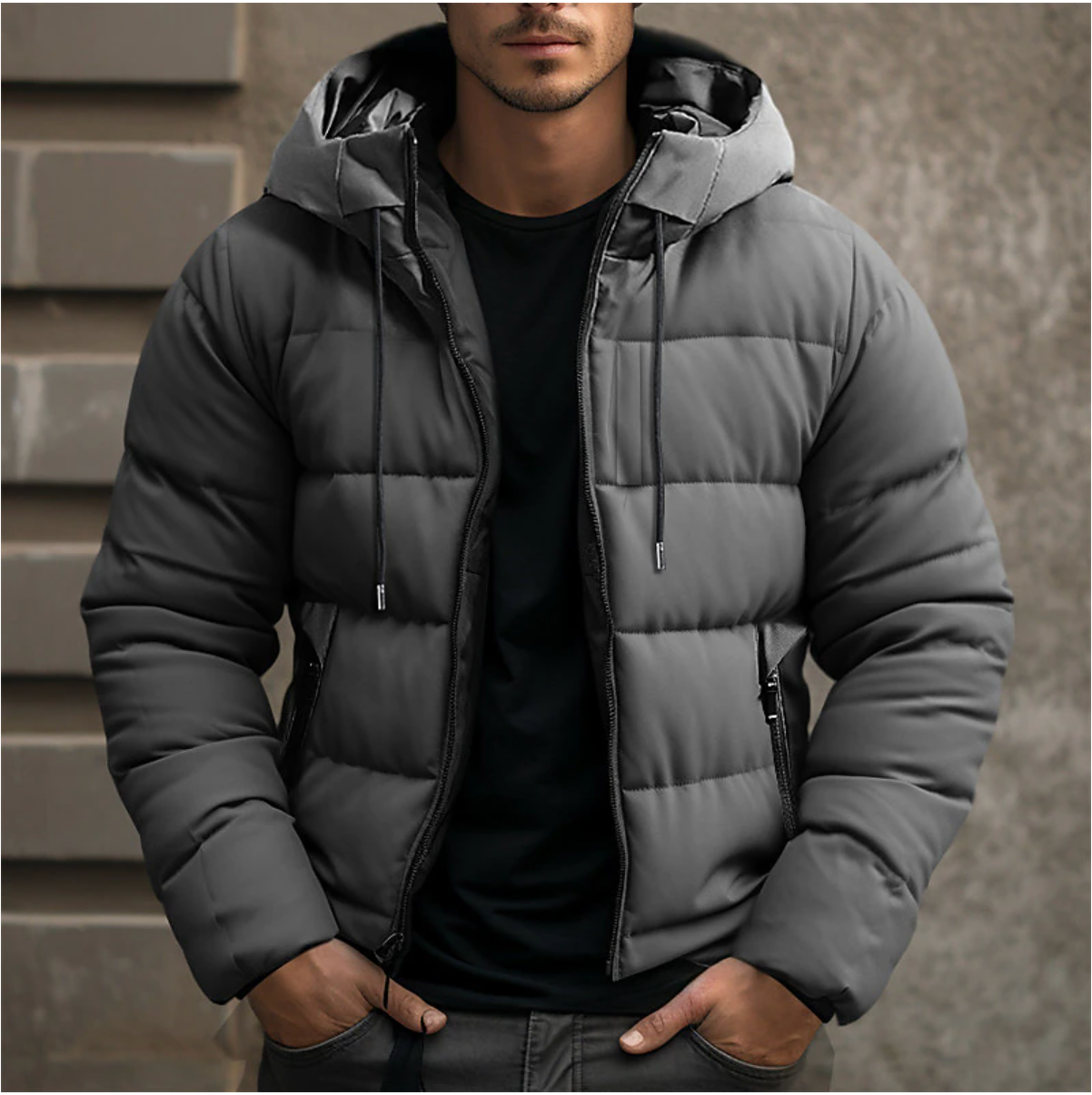 Men's black ultra warm padded puffer jacket with adjustable drawstring hood, modern winter silhouette