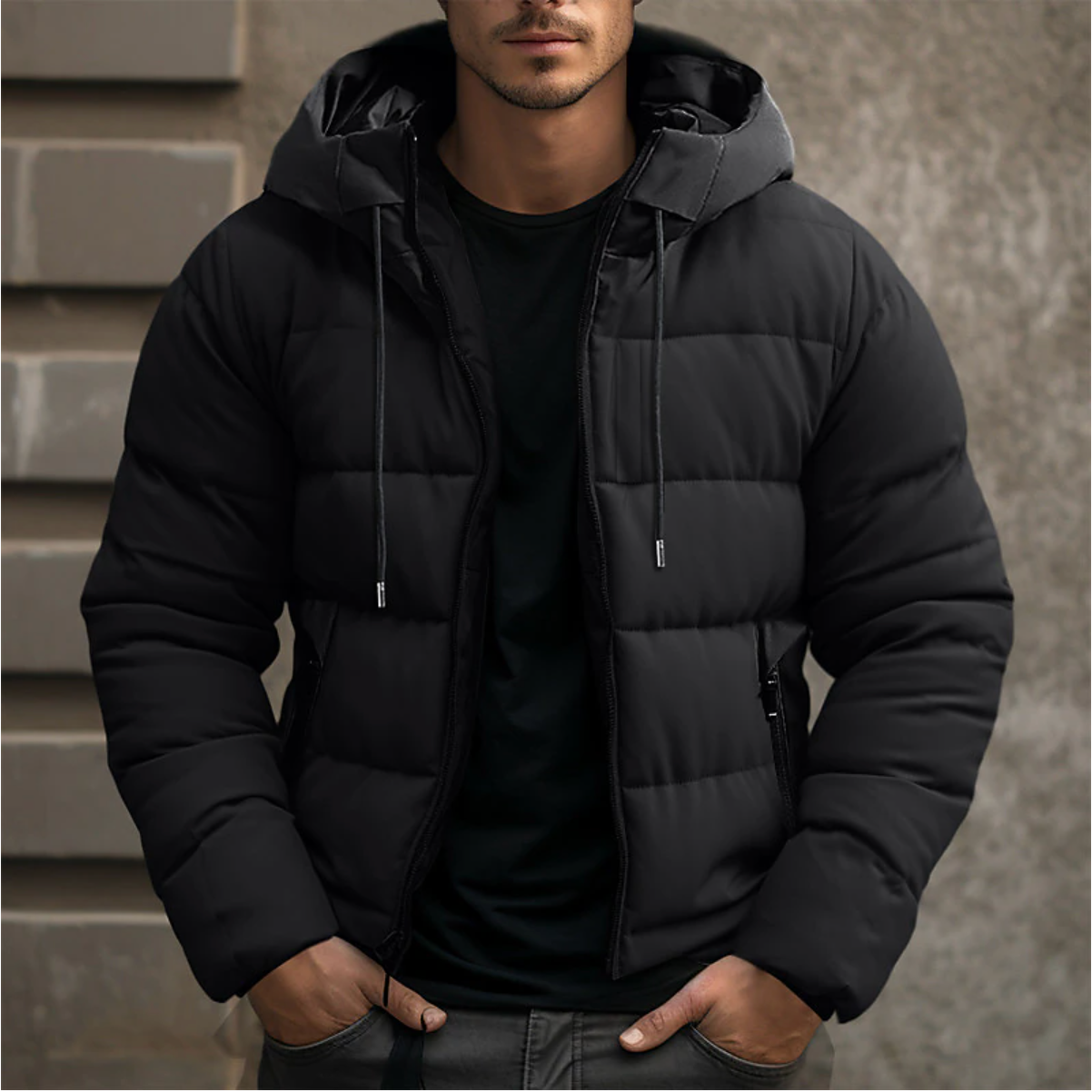 Men's ultra-warm padded puffer jacket with adjustable drawstring hood, sleek winter silhouette