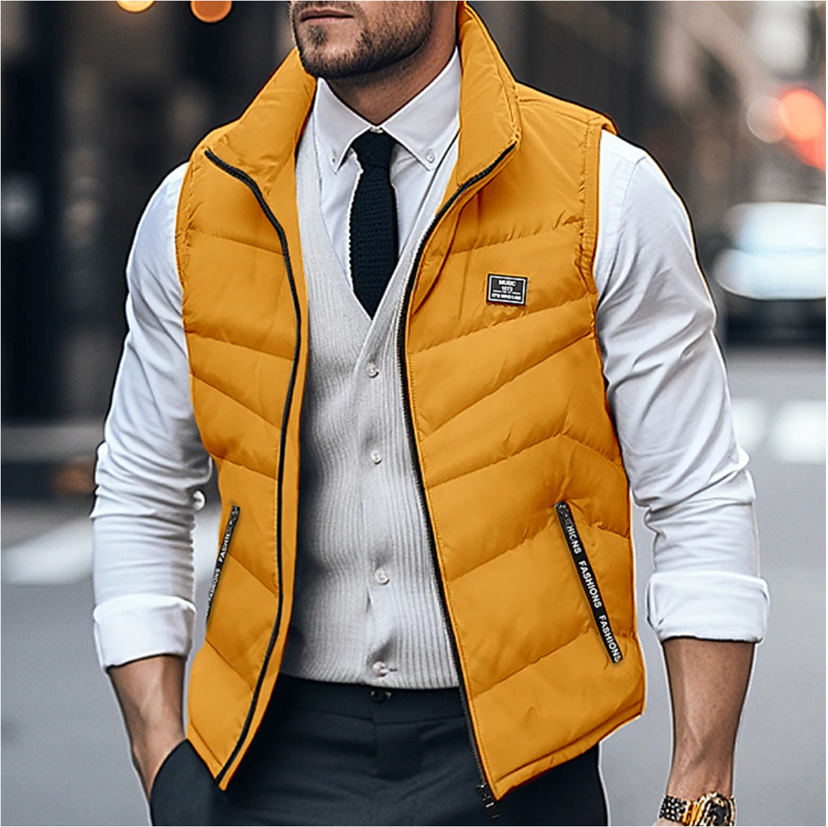 Men's black quilted vest chevron stitch pattern zippered insulated sleeveless layer two front pockets