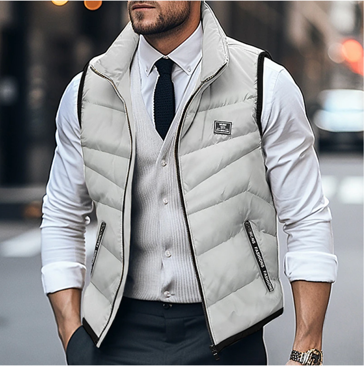 Men's navy quilted vest chevron stitch pattern zippered insulated layer two front pockets