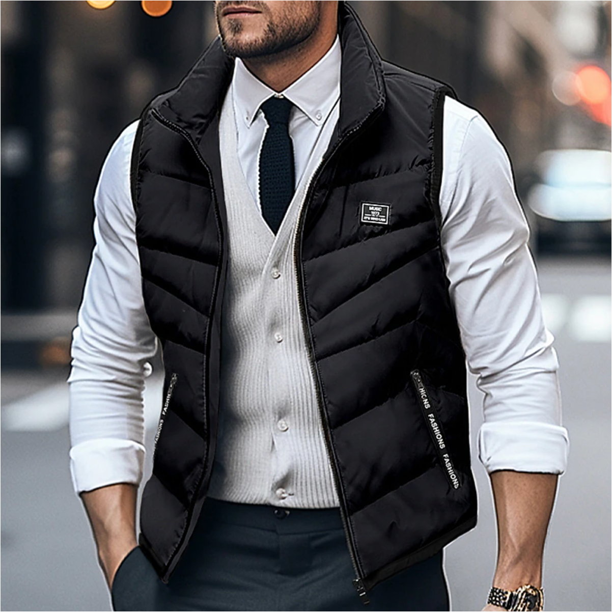 Men's navy quilted vest chevron stitch pattern front zipper insulated sleeveless layer two pockets