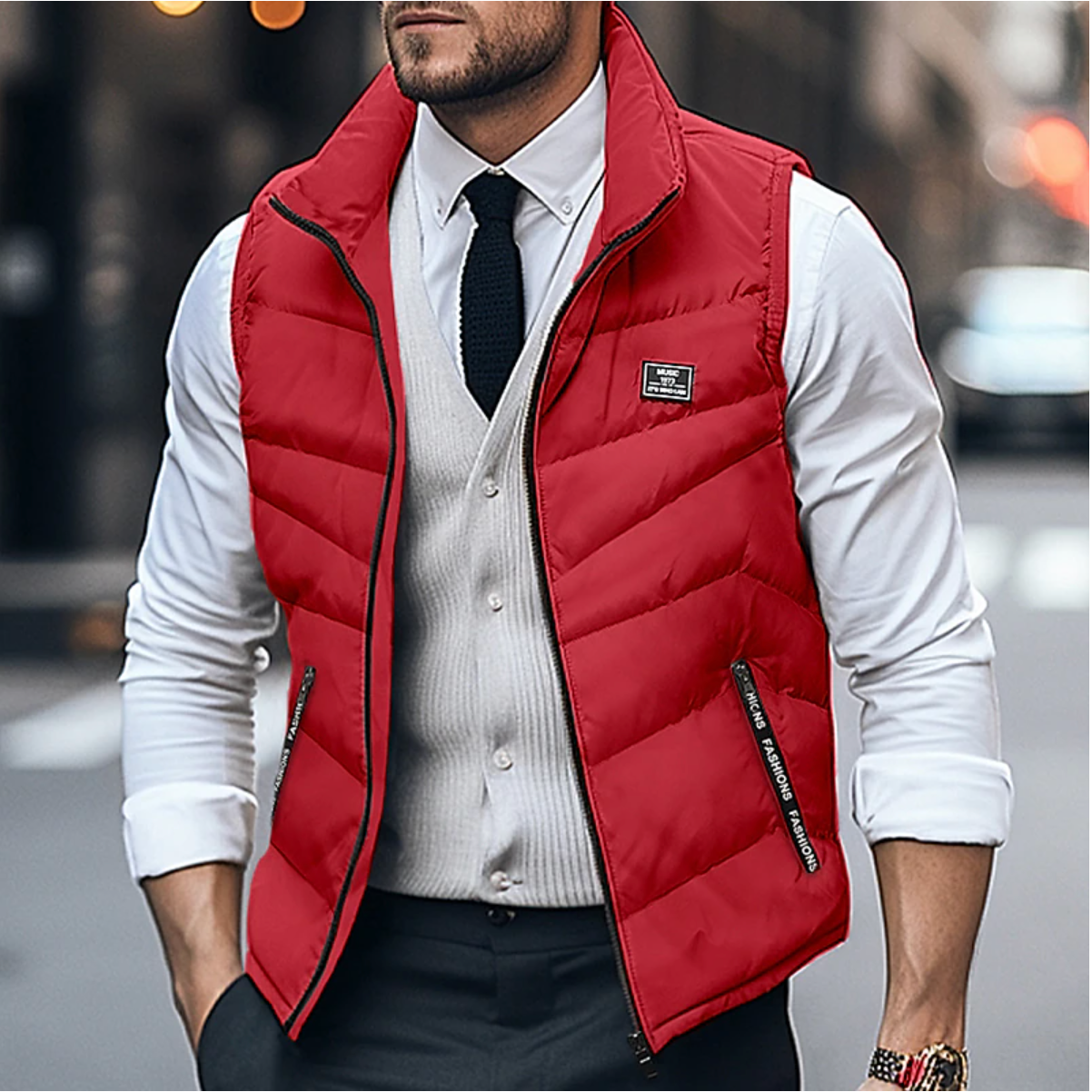 Men's navy quilted vest chevron stitch pattern zippered insulated sleeveless layer two front pockets