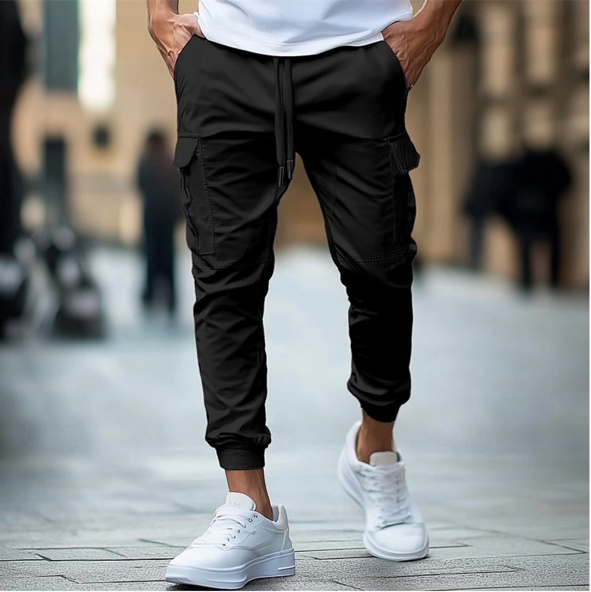 Men's cargo joggers relaxed fit with multiple pockets and elastic drawstring waistband