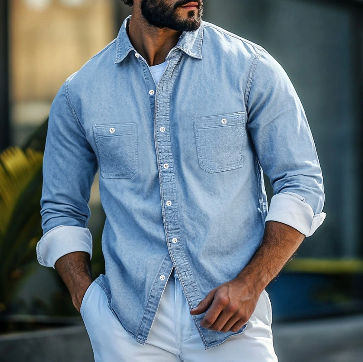 Men's navy denim shirt regular fit long sleeve button-down with dual chest pockets