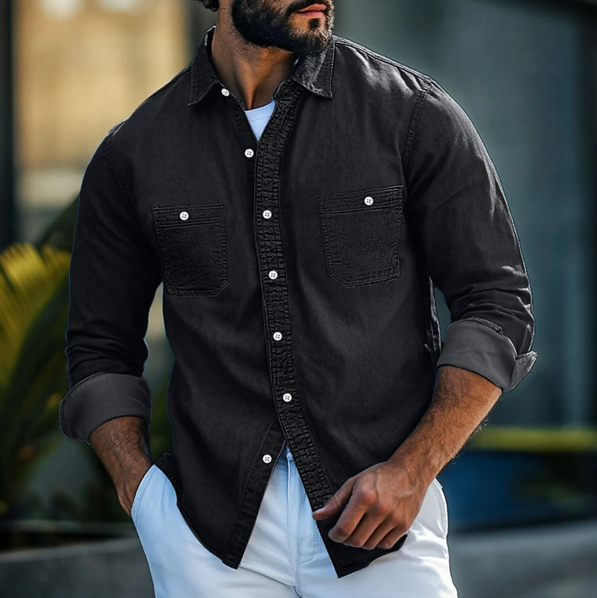 Navy men's denim shirt regular fit long sleeve button-down with dual chest pockets 100% cotton