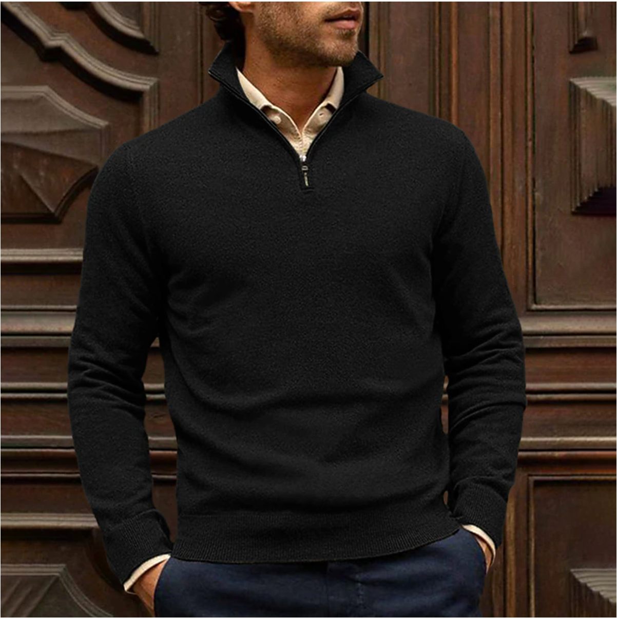 Men's Danish zip-up pullover comfort fit versatile cotton blend with full-length front zipper