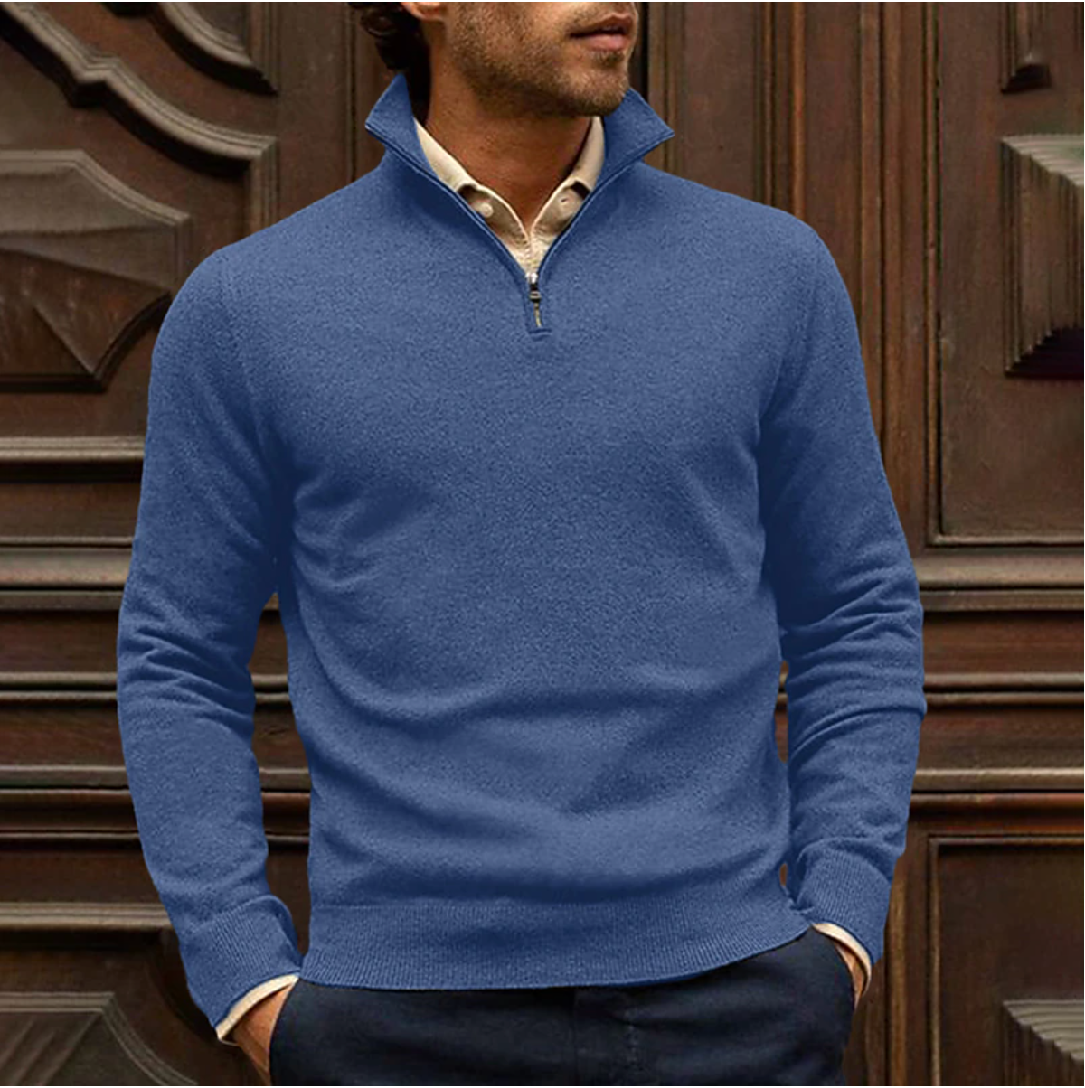Men's Danish zip-up pullover comfort fit versatile everyday wear with full-length front zipper