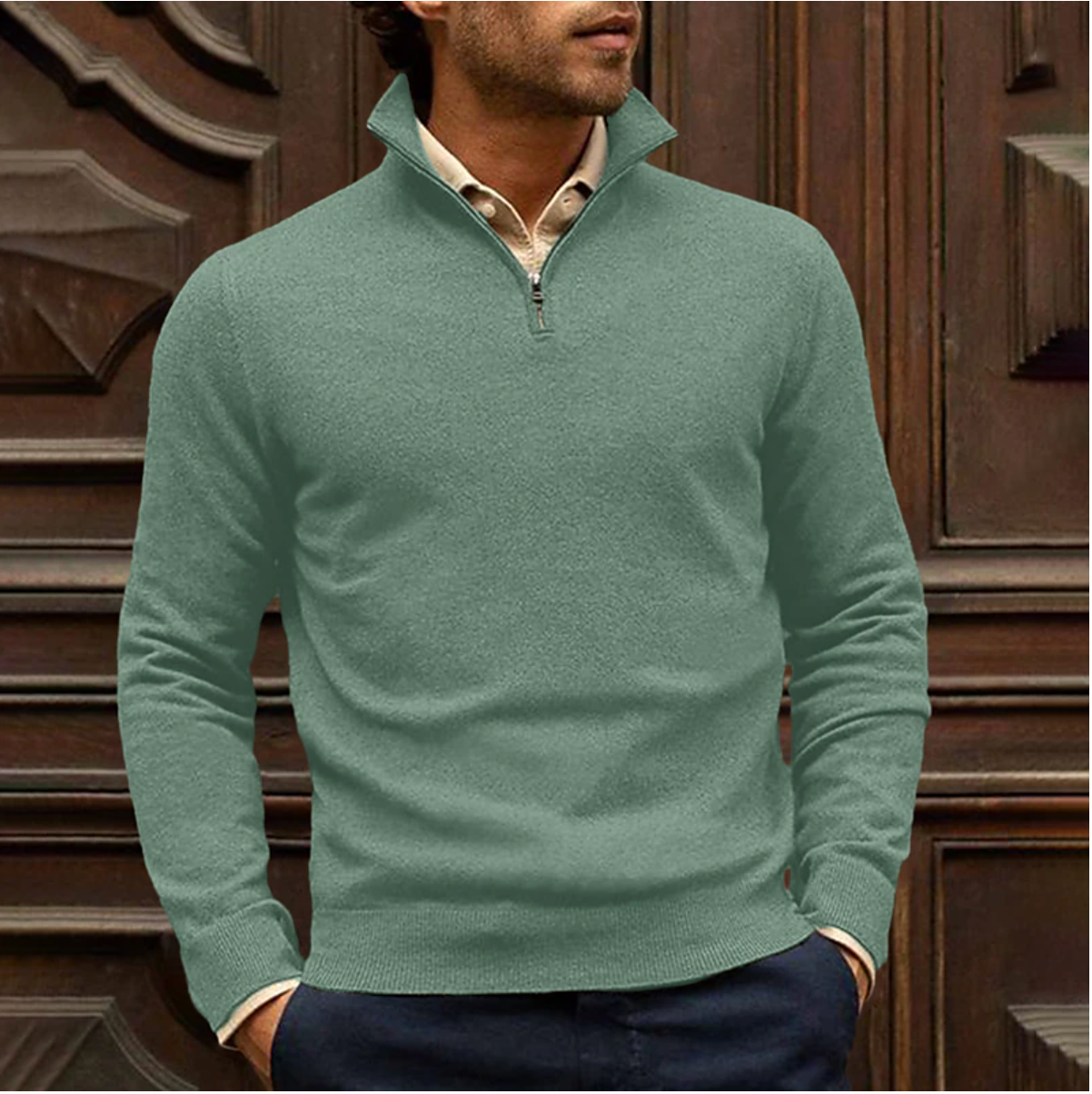 Men's Danish zip-up pullover comfort fit versatile everyday wear with full-length front zipper