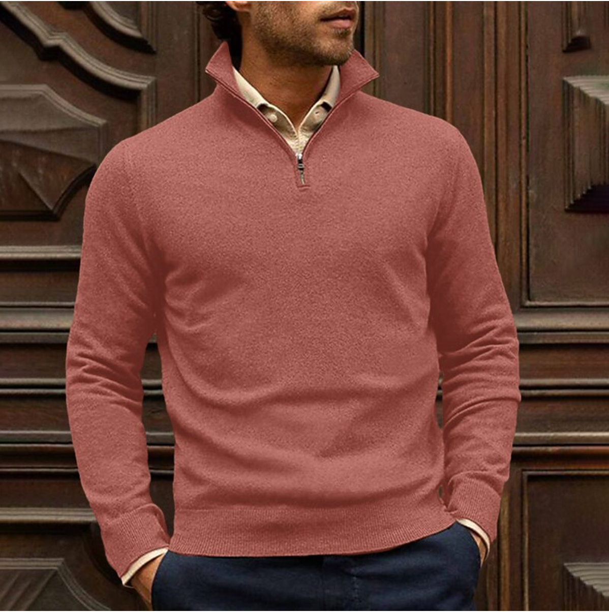 Men's Danish zip-up pullover comfort fit versatile everyday wear with full-length front zipper