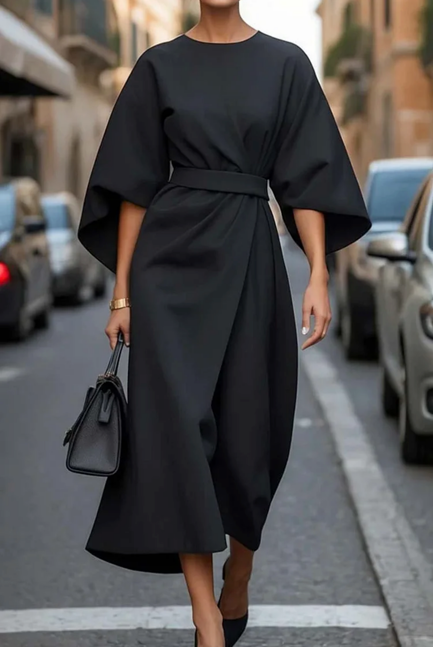 Elegant Elizabeth dress with lantern sleeves, waist belt, feminine silhouette for formal eveningwear