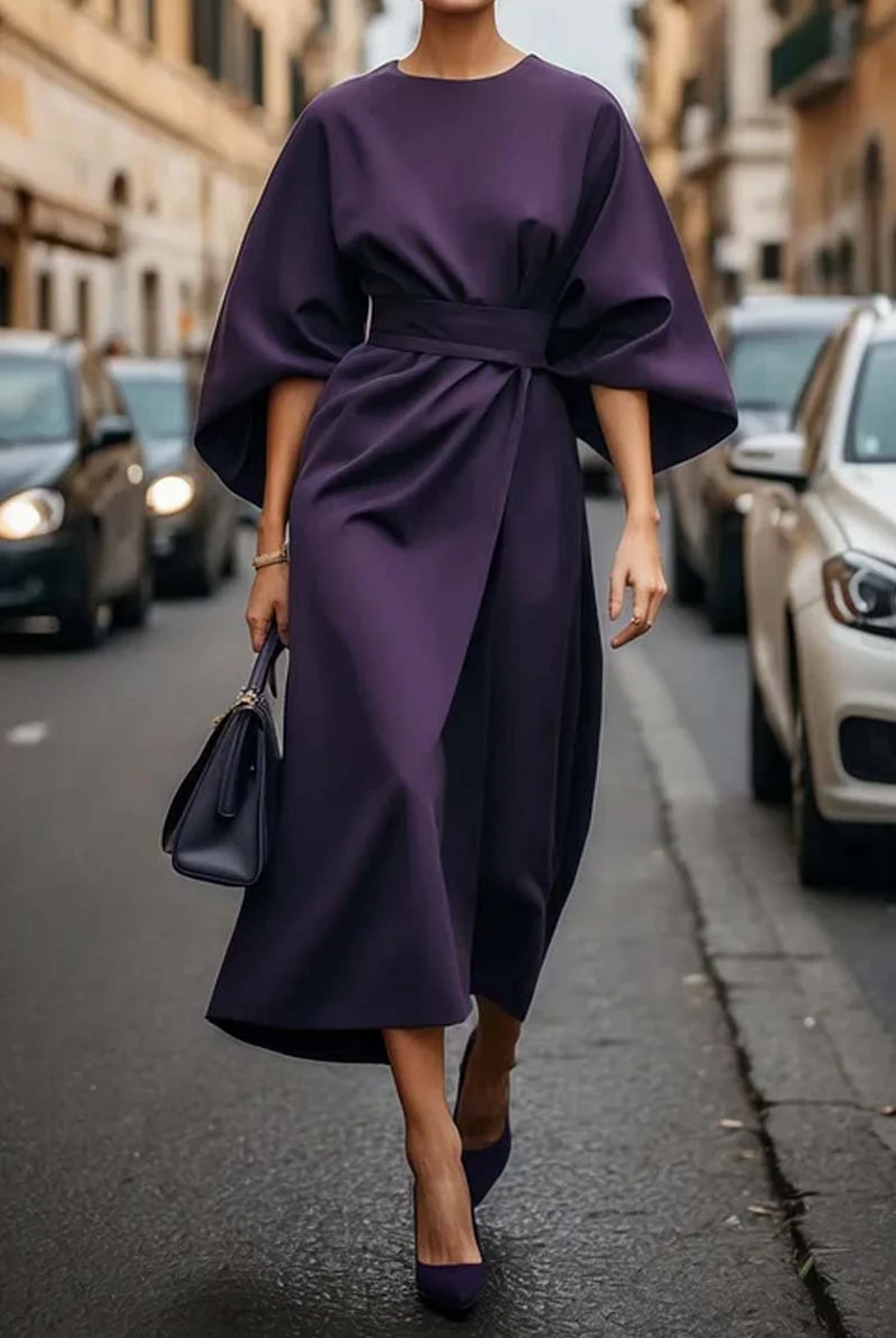 Elegant black belted maxi dress with cinched waist and dramatic wide sleeves for women