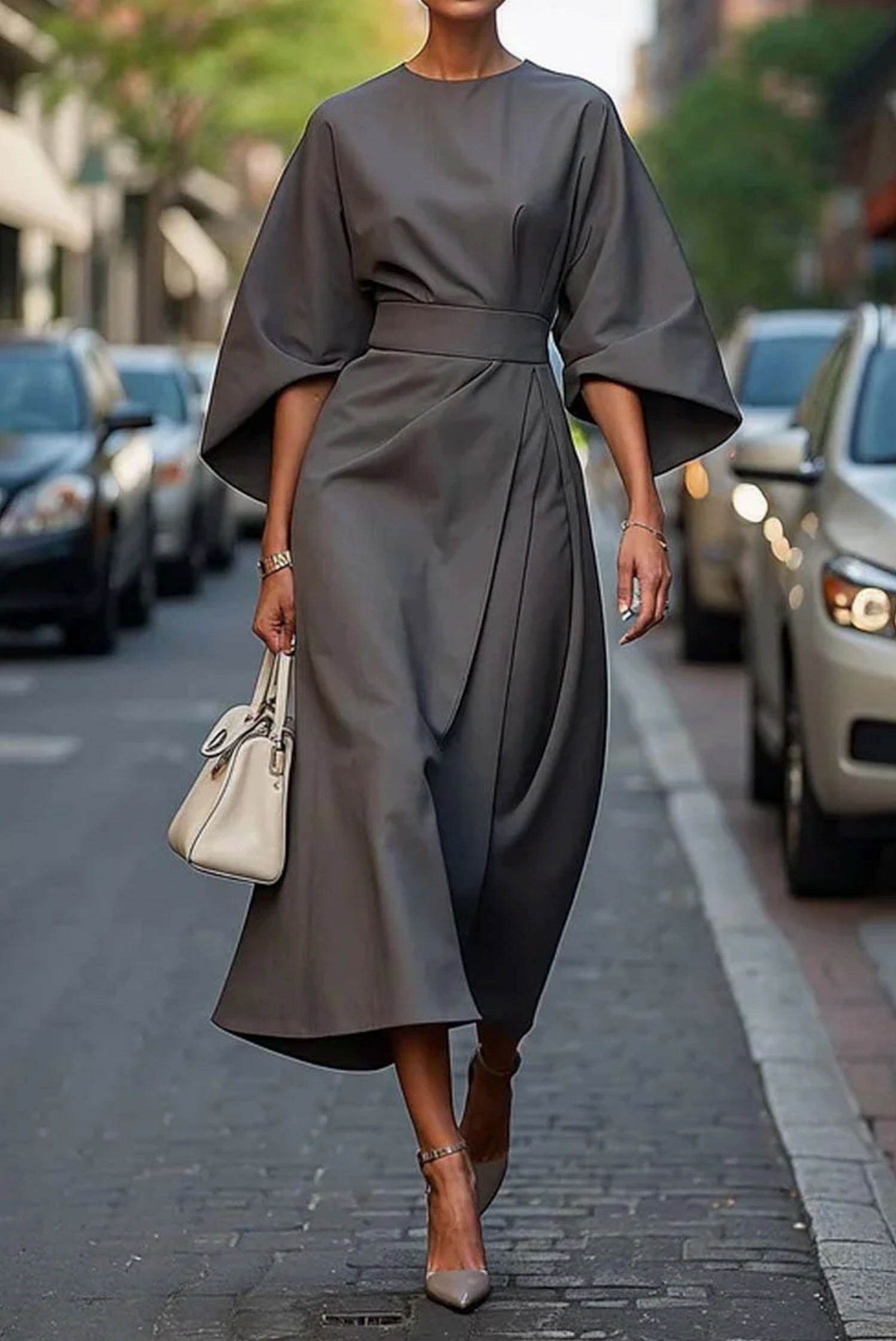 Elegant Elizabeth dress with lantern sleeves, waist belt, timeless feminine silhouette for eveningwear