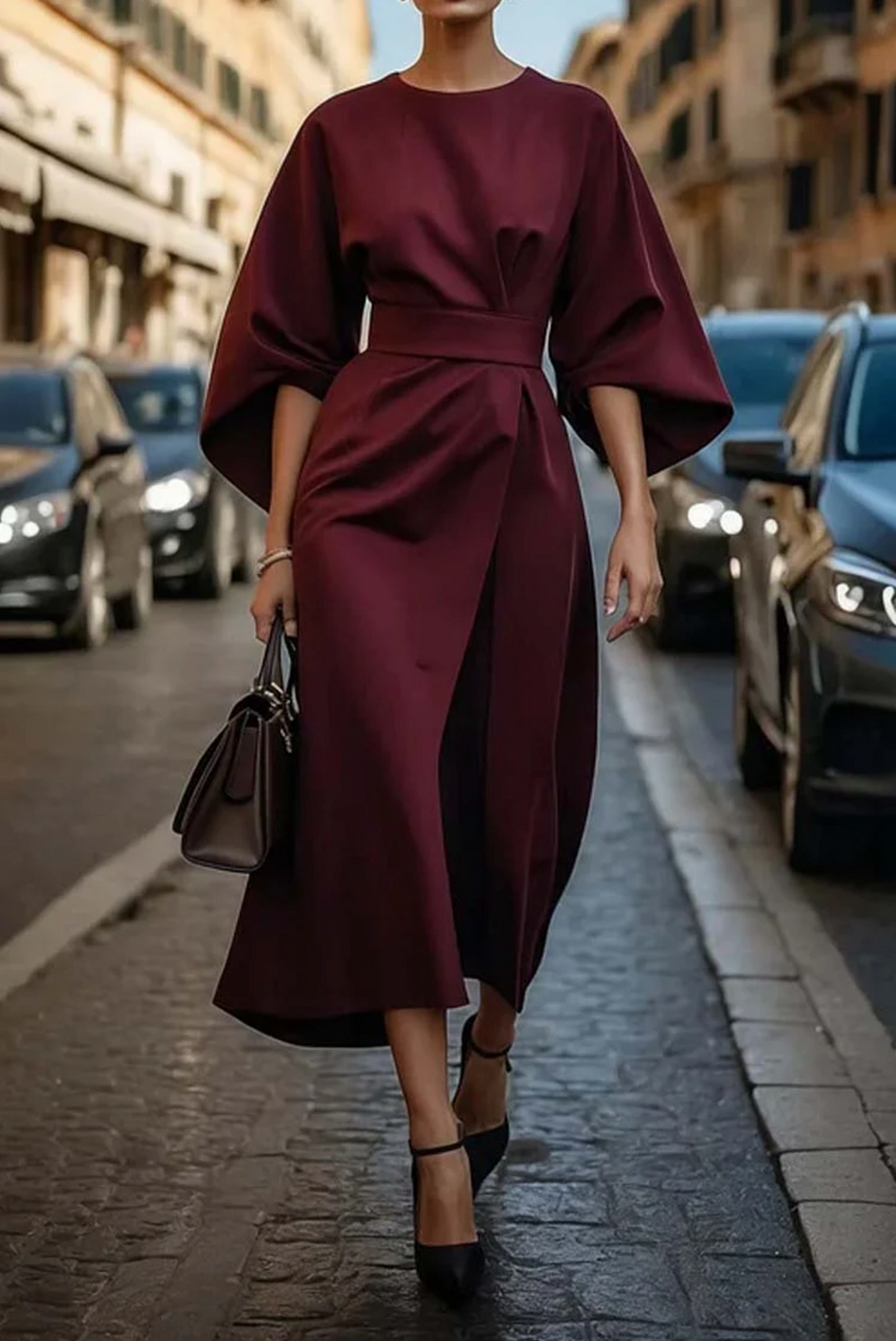 Elegant Elizabeth dress with lantern sleeves, waist belt, timeless feminine silhouette for eveningwear