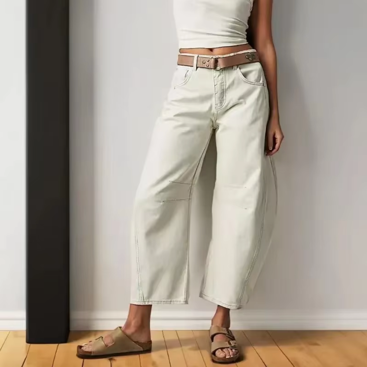 Women's boho baggy wide-leg jeans in stretch denim, relaxed bohemian silhouette with all-day comfort fit