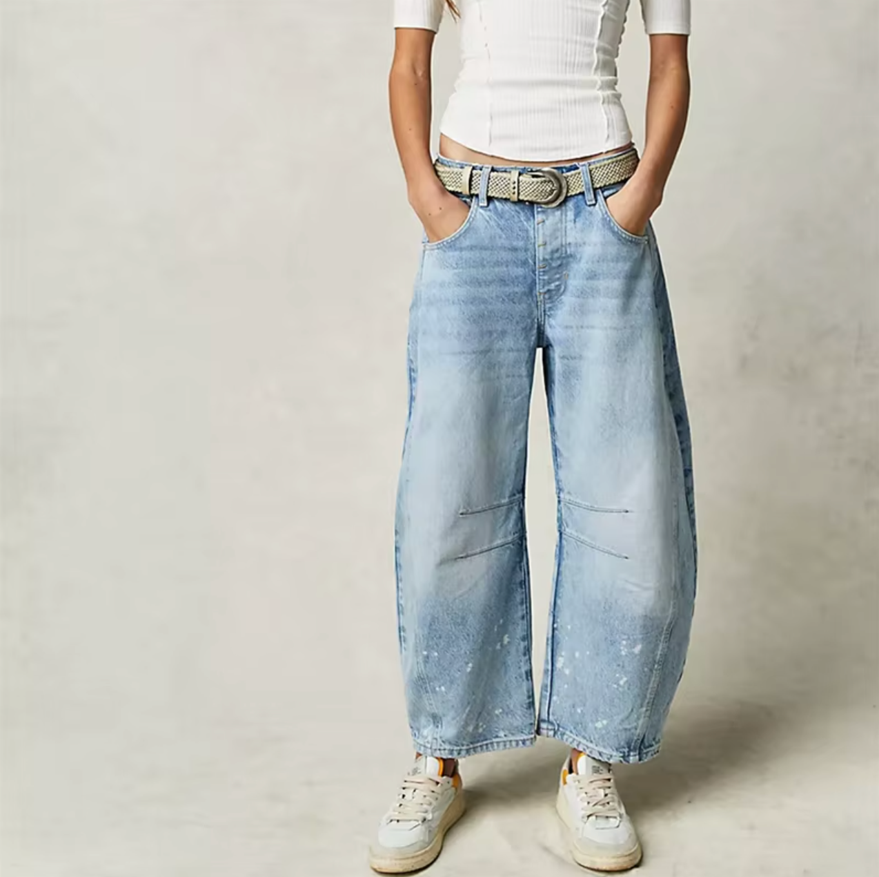 Women's boho baggy wide-leg jeans in stretch denim, relaxed bohemian silhouette with all-day comfort fit