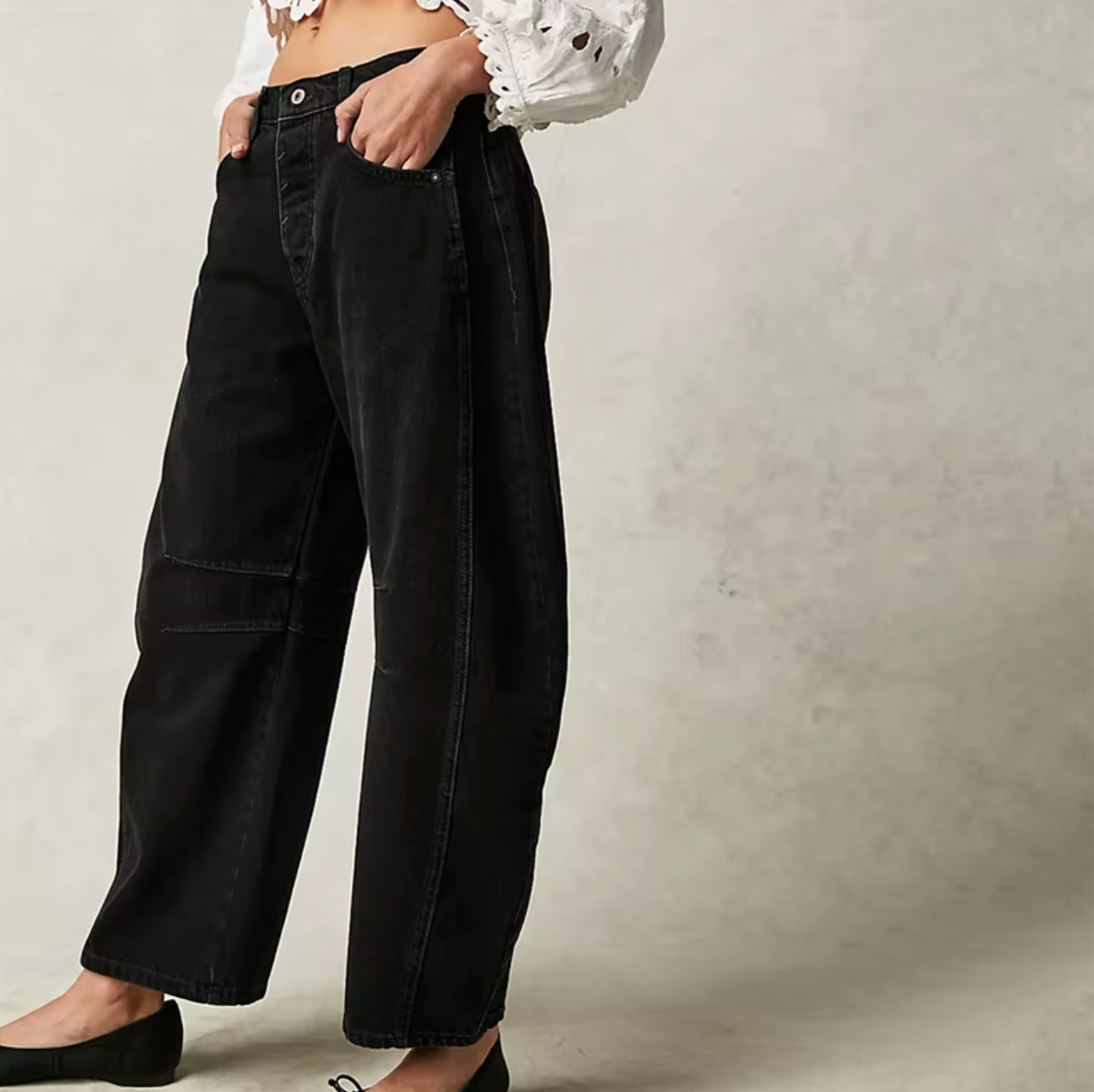 Women's boho baggy wide-leg jeans in stretch denim, relaxed bohemian silhouette with all-day comfort fit
