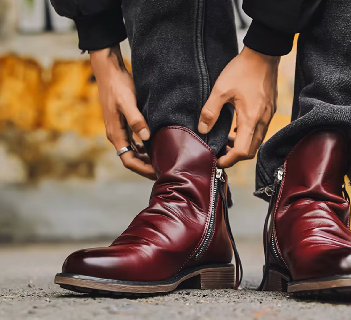 Men's brown Chelsea leather ankle boots hand-finished rich patina aged leather timeless silhouette
