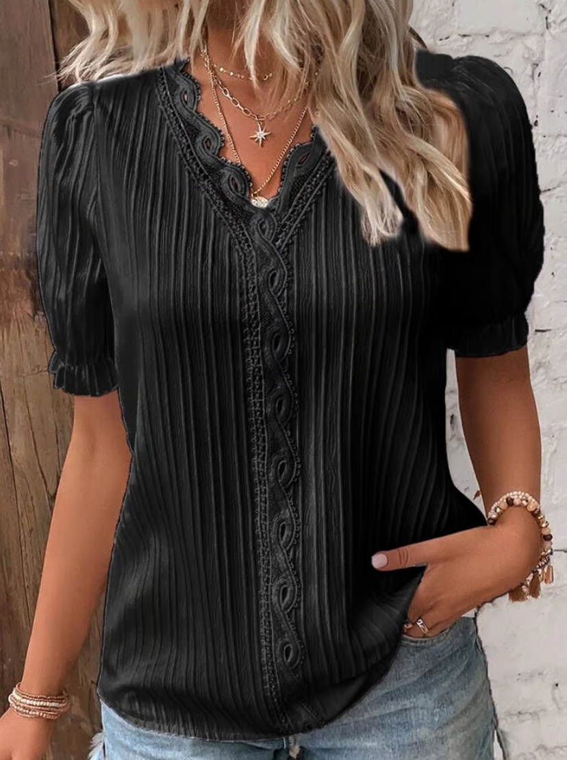 Women's white lace-trim V-neck blouse short sleeve lightweight elegant warm-weather top
