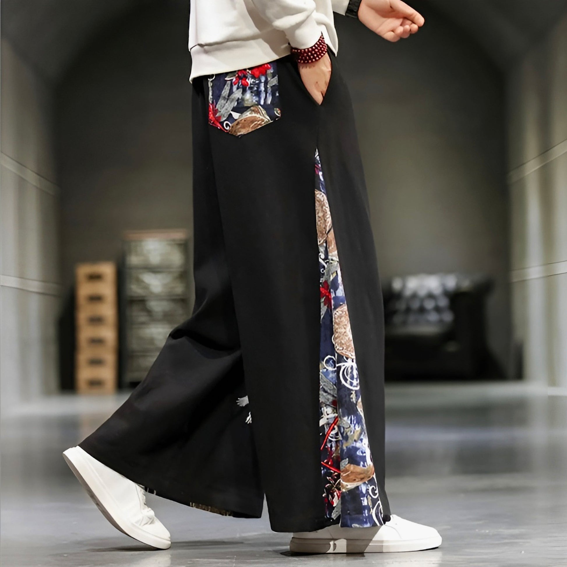 Wide-leg cotton linen pants with Eastern-inspired embroidery, breathable and artfully crafted for creative women